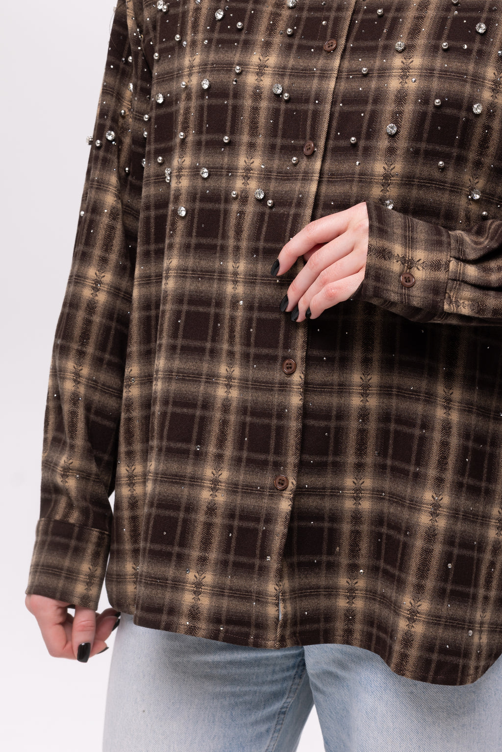 Сорочка oversize з декором коричнева