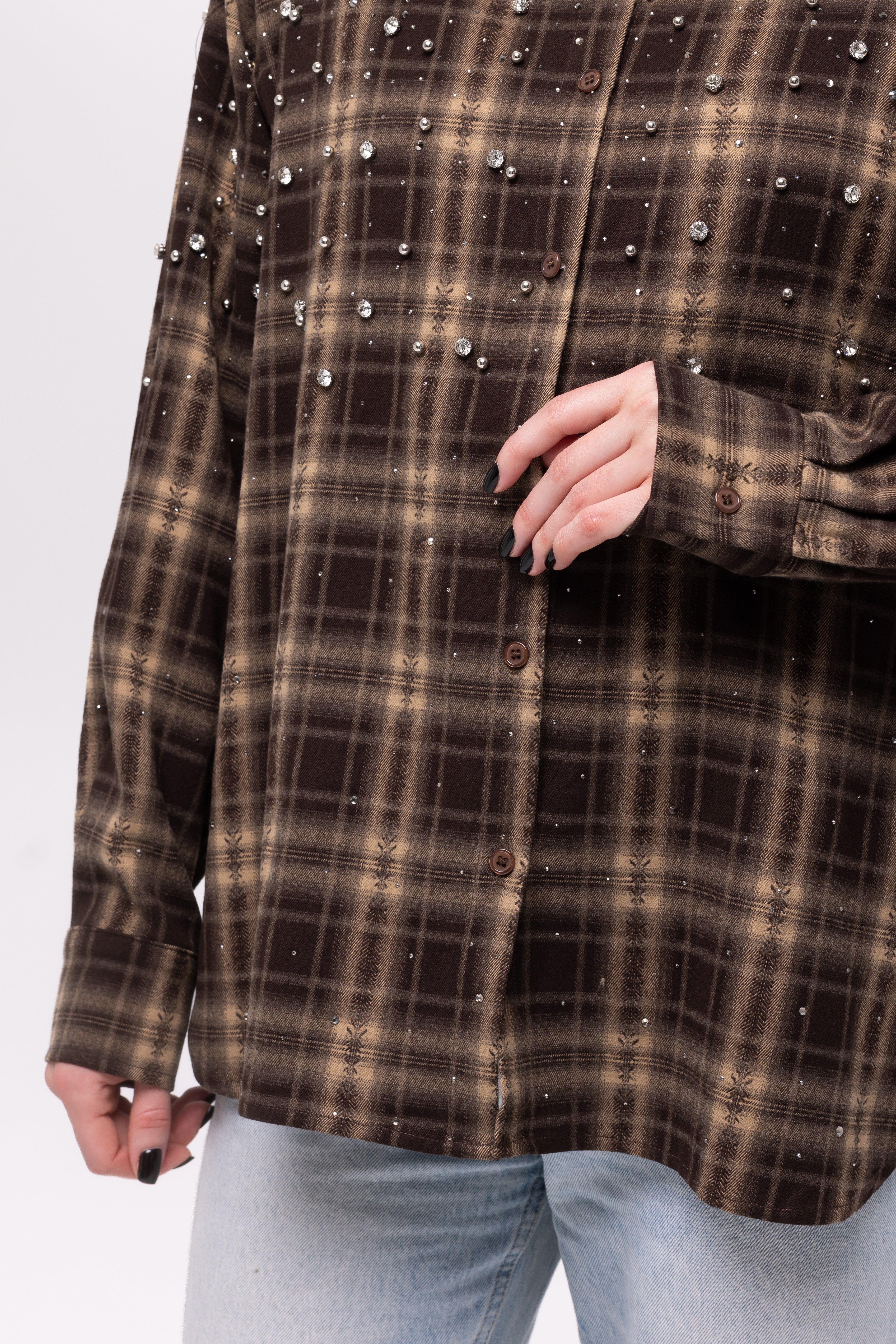 Сорочка oversize з декором коричнева