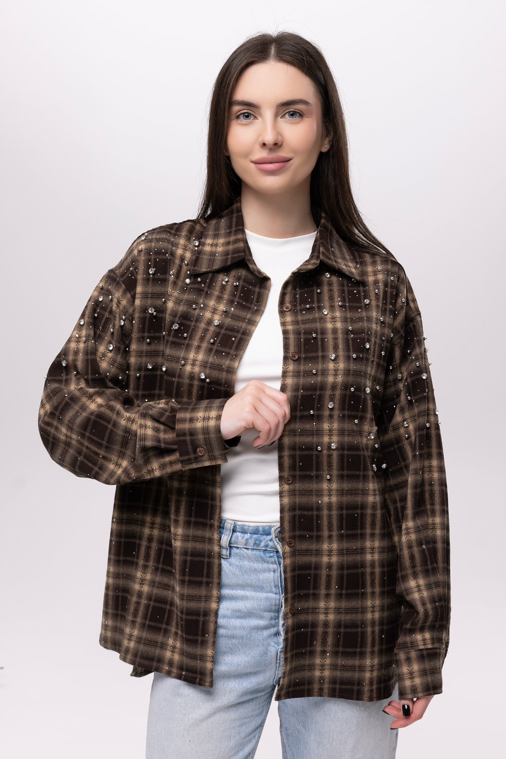Сорочка oversize з декором коричнева