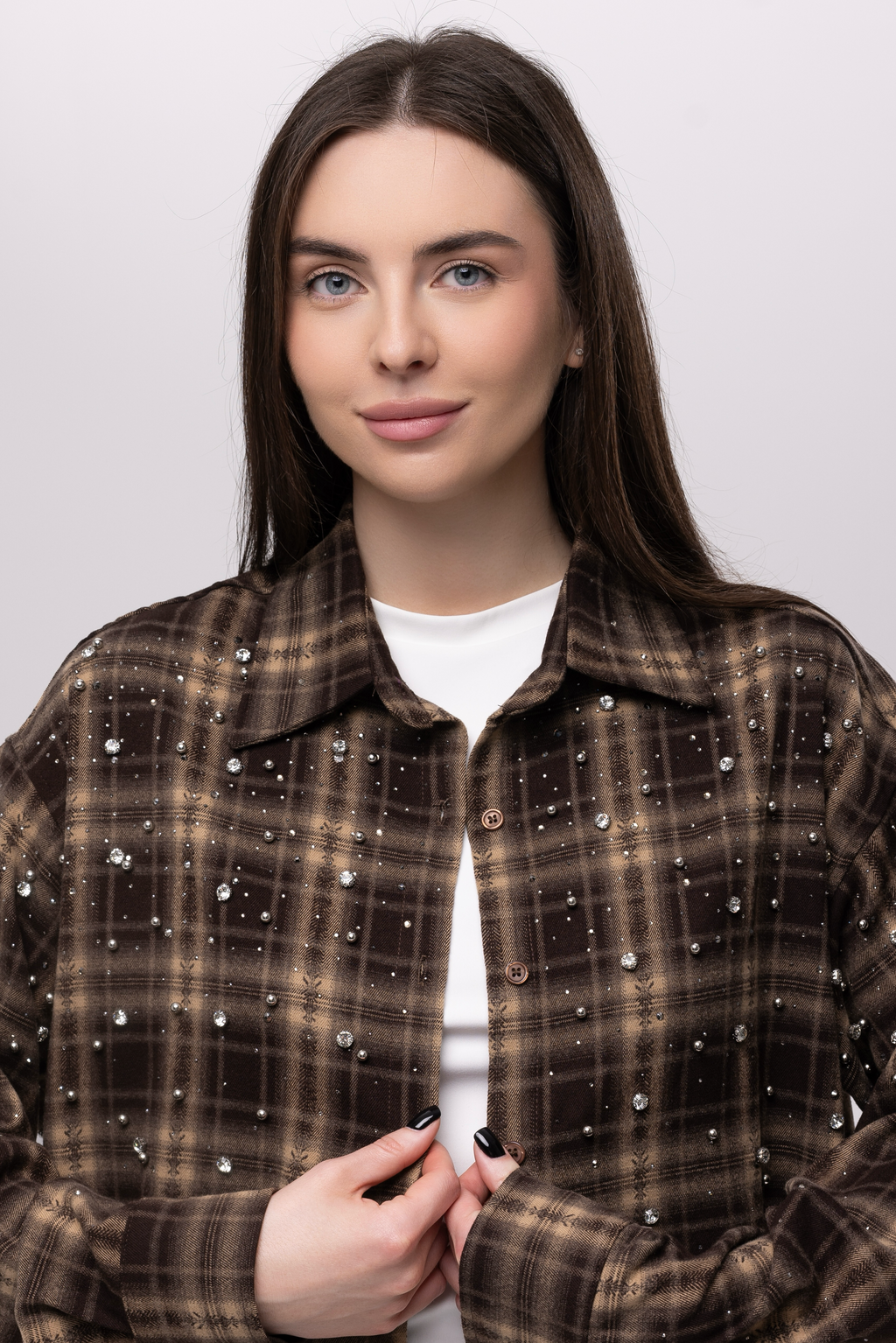 Сорочка oversize з декором коричнева