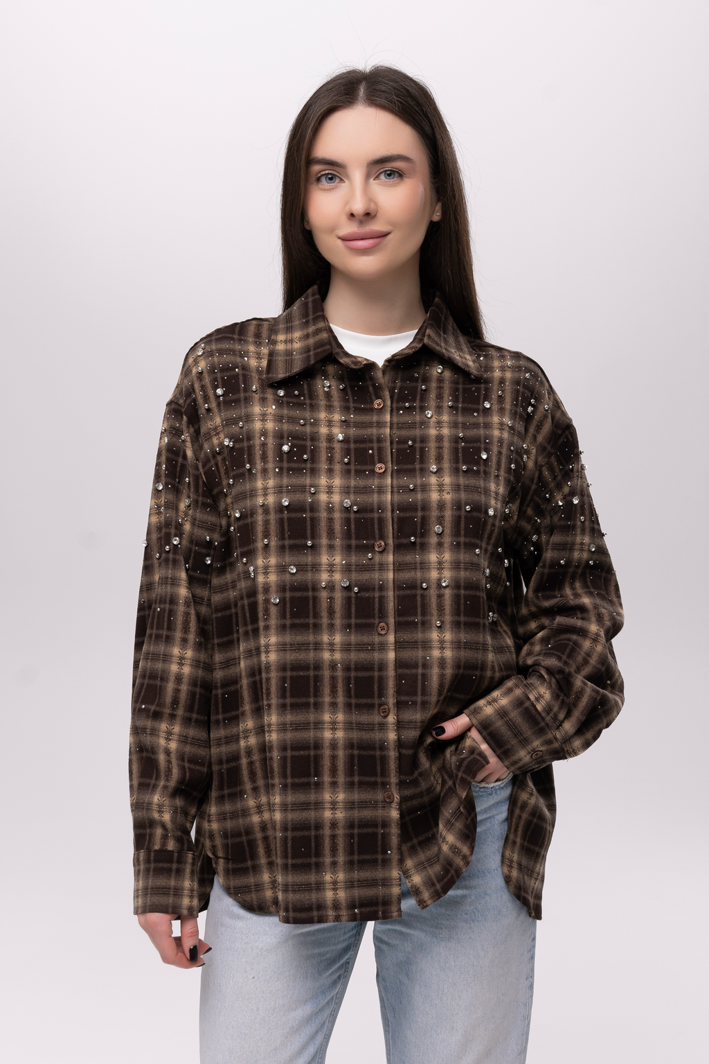 Сорочка oversize з декором коричнева