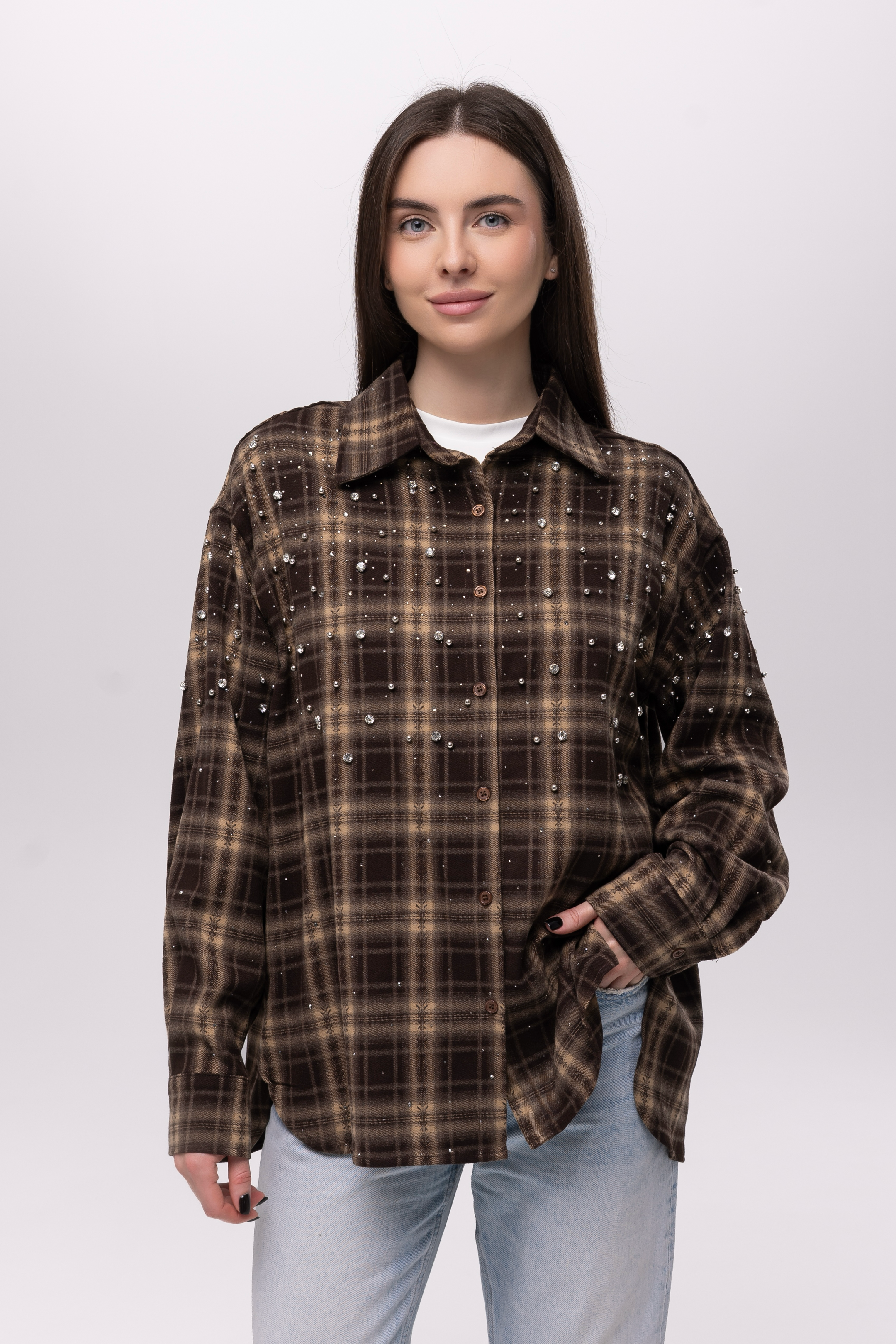 Сорочка oversize з декором коричнева