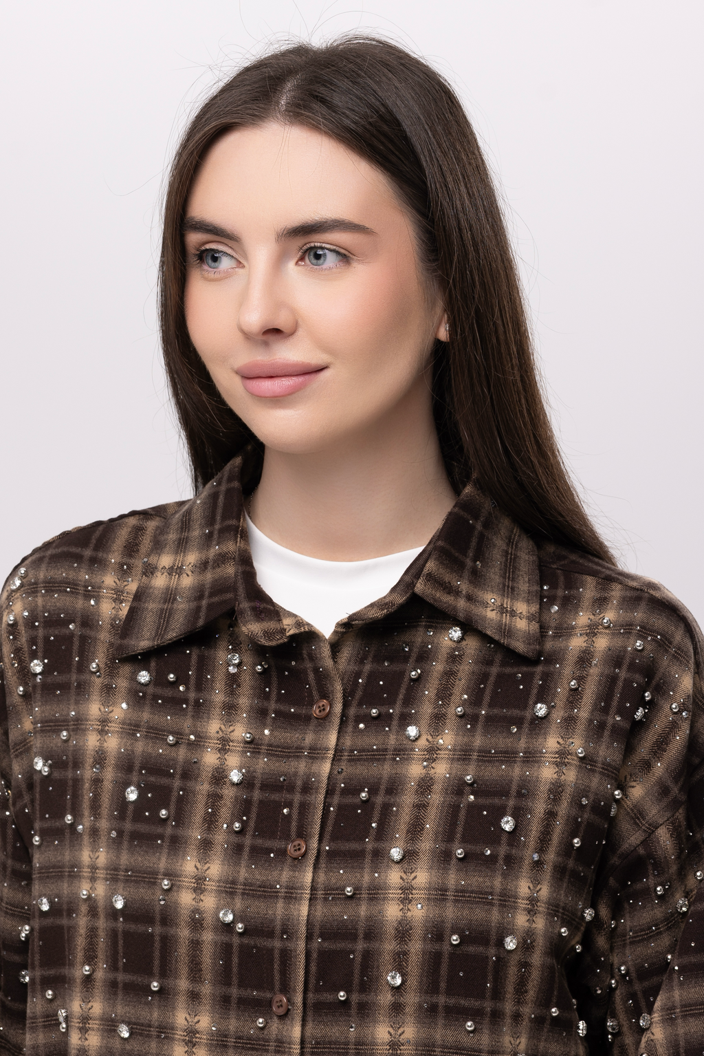Сорочка oversize з декором коричнева